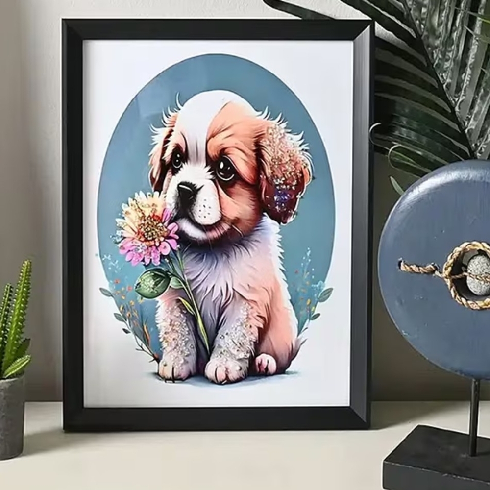 NEW Adorable Puppy Wall Art in Black Frame and Crystals